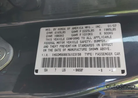2007 Honda Accord 2.4 Ex from USA, damaged, VIN 1HGCM56897A103158